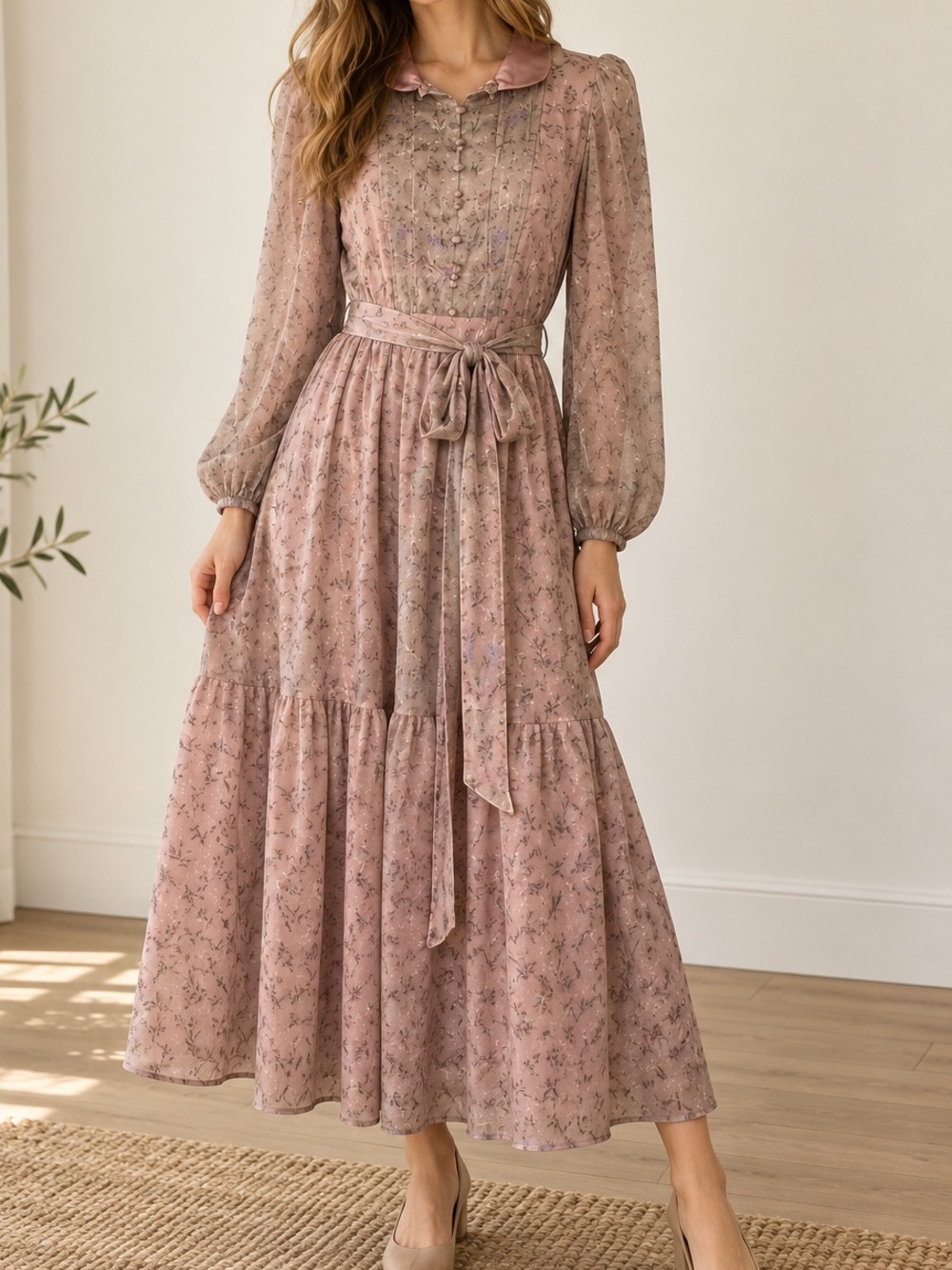 Sue Sartor Prairie Style Maxi Dress with Sash Women's Sz. S